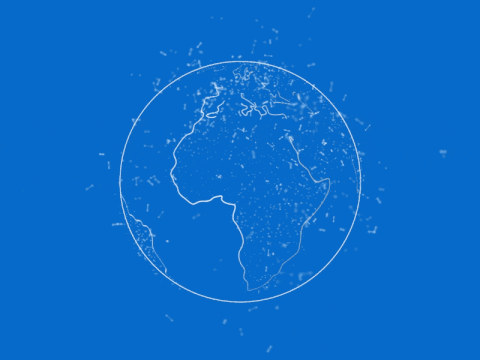 An animated white outline of a transparent globe rotating in a blue background
