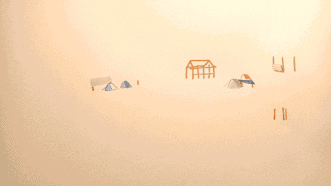 An animated graphic with the process of making tents at a campsite with a beige and orange background
