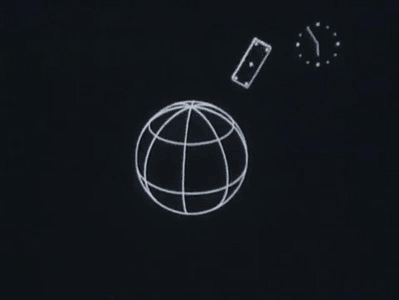 An animated graphic of a white outlined satellite rotating around a globe with a black background