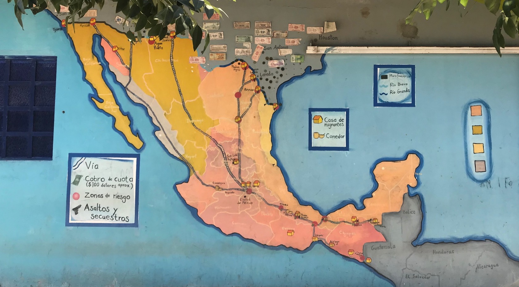 Mural of migration routes through Mexico